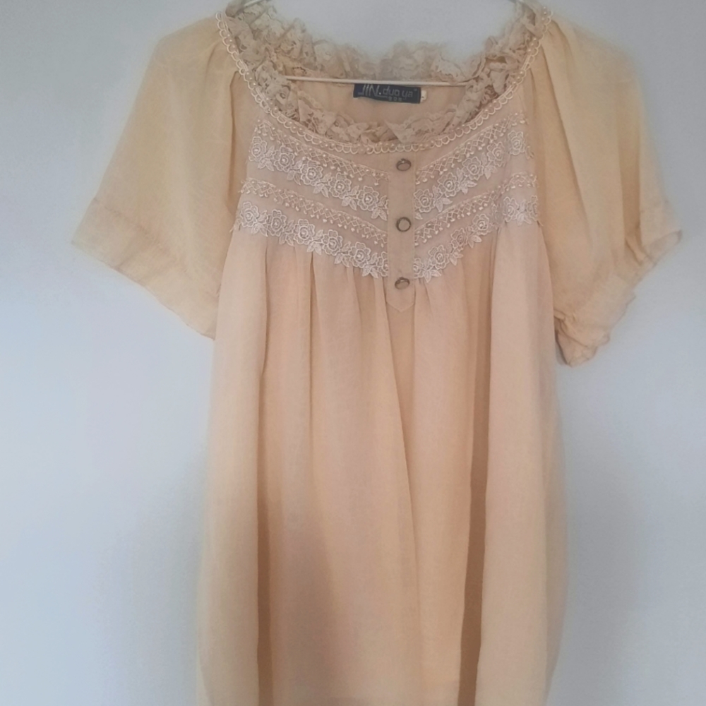 Vintage beige Blouse girly top shirt pearls lace size M